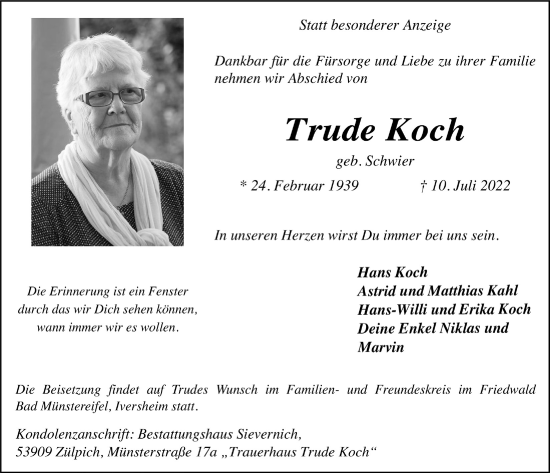Anzeige von Trude Koch von  Blickpunkt Euskirchen 