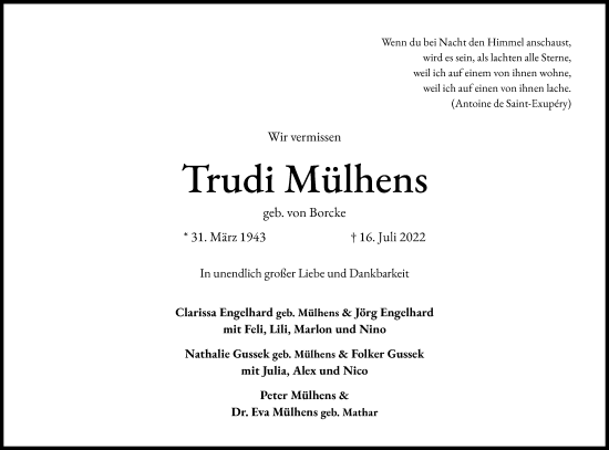Anzeige von Trudi Mülhens von Kölner Stadt-Anzeiger / Kölnische Rundschau / Express