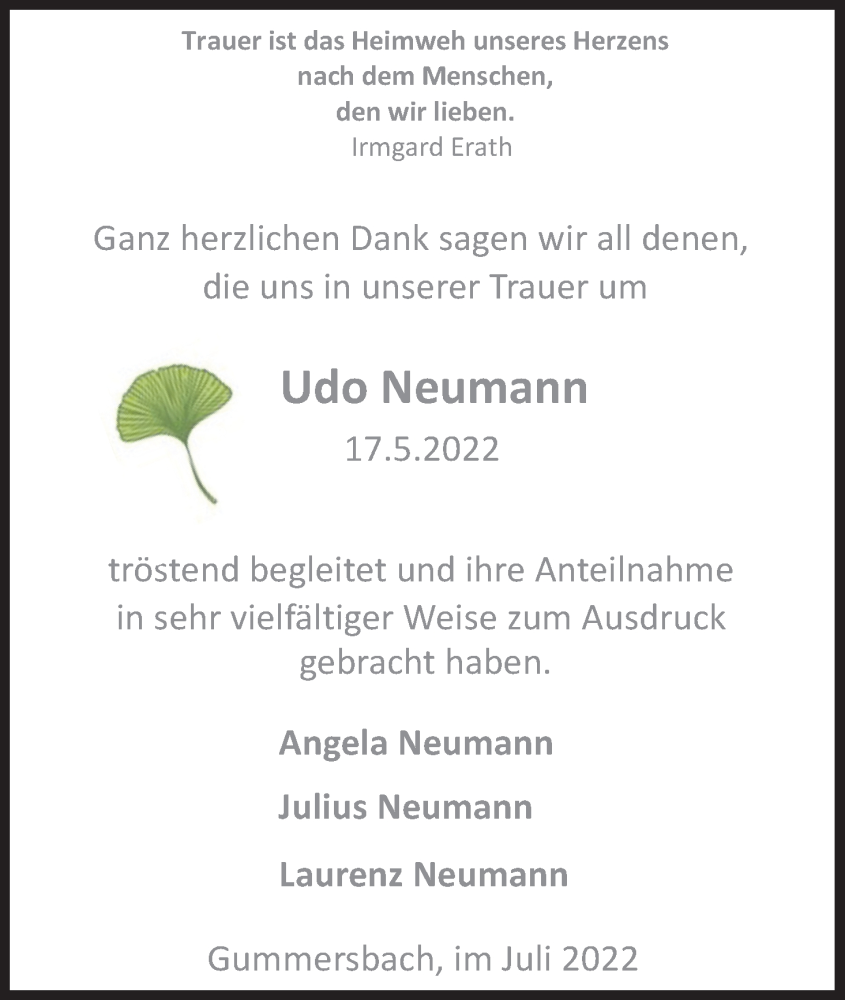  Traueranzeige für Udo Neumann vom 09.07.2022 aus Kölner Stadt-Anzeiger / Kölnische Rundschau / Express