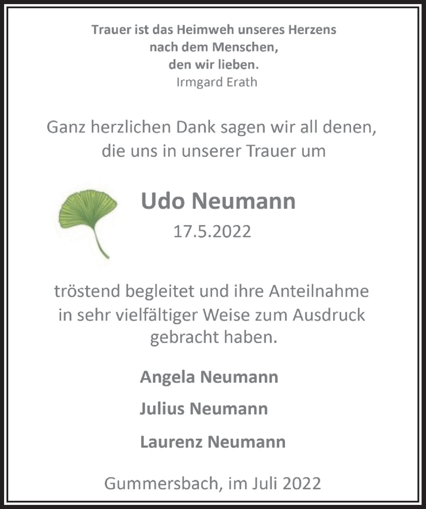  Traueranzeige für Udo Neumann vom 15.07.2022 aus  Anzeigen Echo 