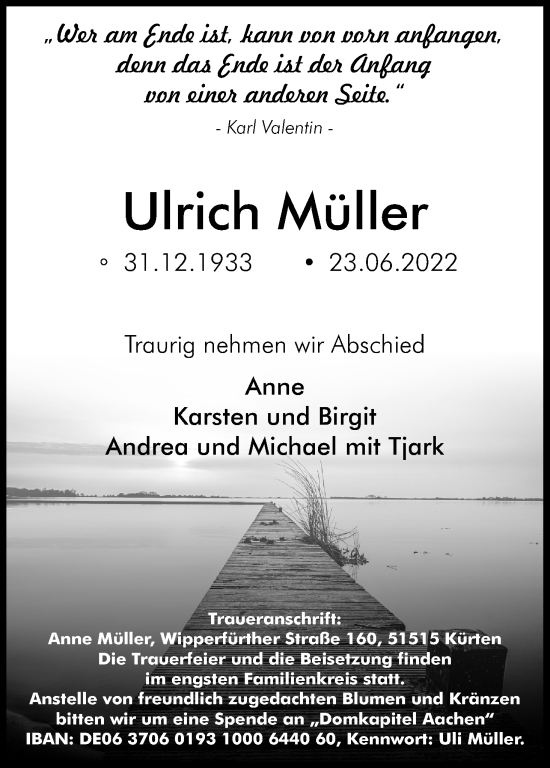 Anzeige von Ulrich Müller von Kölner Stadt-Anzeiger / Kölnische Rundschau / Express