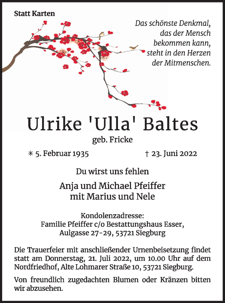  Traueranzeige für Ulrike  Baltes vom 16.07.2022 aus Kölner Stadt-Anzeiger / Kölnische Rundschau / Express