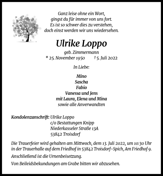 Anzeige von Ulrike Loppo von Kölner Stadt-Anzeiger / Kölnische Rundschau / Express