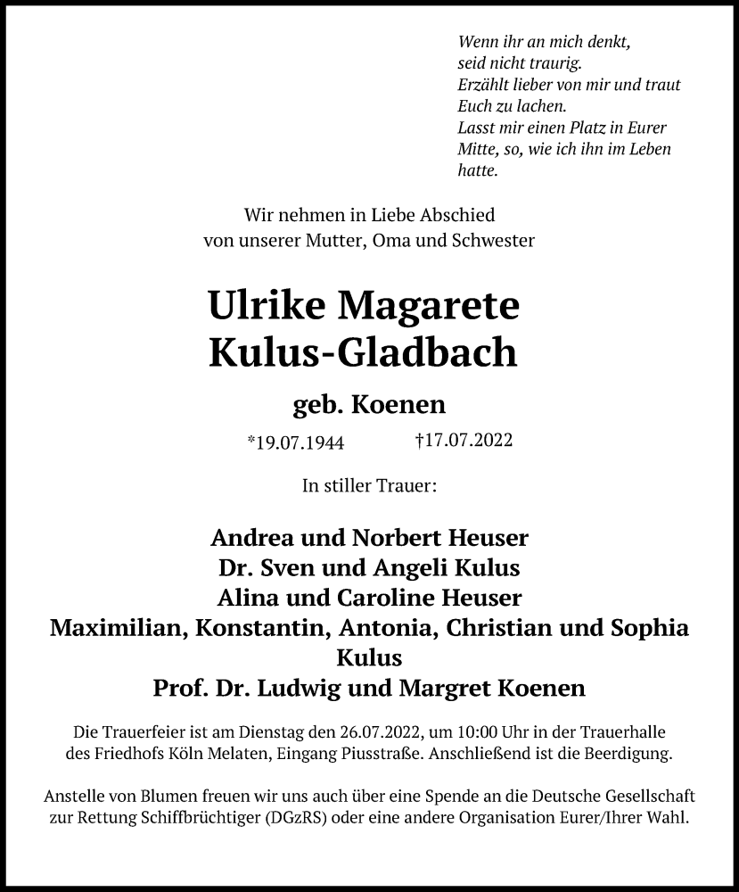 Traueranzeige für Ulrike Magarete Kulus-Gladbach vom 23.07.2022 aus Kölner Stadt-Anzeiger / Kölnische Rundschau / Express