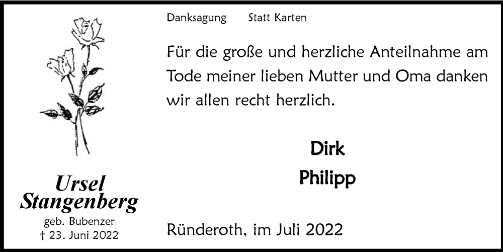  Traueranzeige für Ursel Stangenberg vom 29.07.2022 aus  Anzeigen Echo 