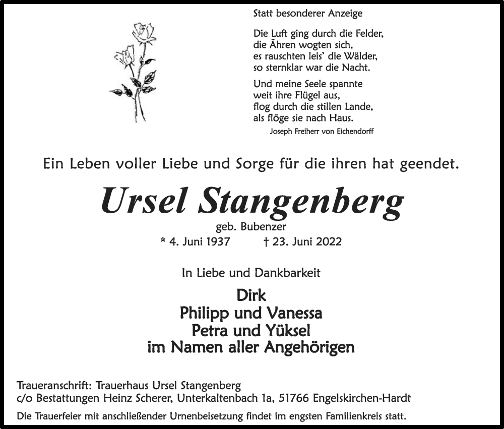  Traueranzeige für Ursel Stangenberg vom 02.07.2022 aus Kölner Stadt-Anzeiger / Kölnische Rundschau / Express
