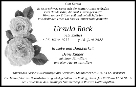 Anzeige von Ursula Bock von Kölner Stadt-Anzeiger / Kölnische Rundschau / Express