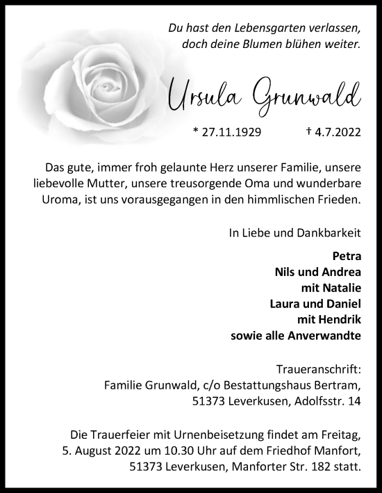Anzeige von Ursula Grunwald von Kölner Stadt-Anzeiger / Kölnische Rundschau / Express