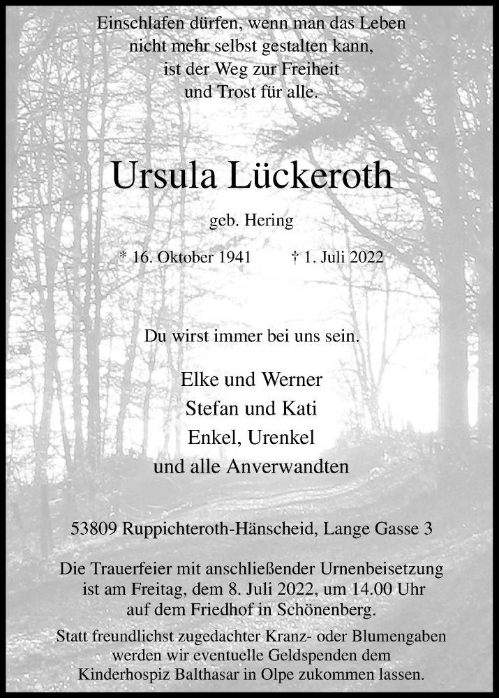  Traueranzeige für Ursula Lückeroth vom 05.07.2022 aus Kölner Stadt-Anzeiger / Kölnische Rundschau / Express