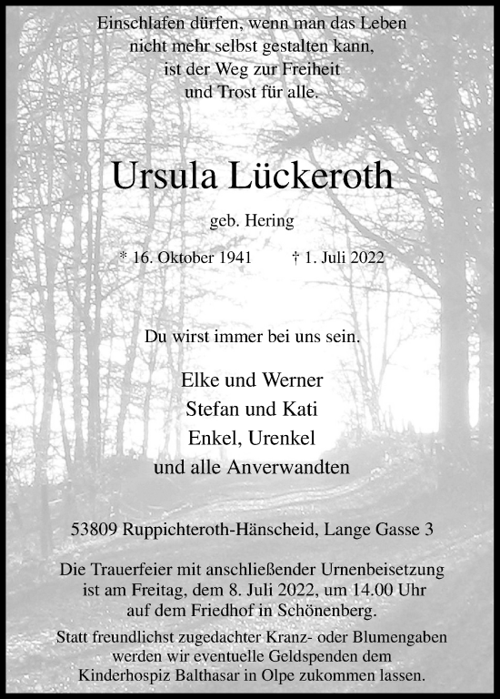 Anzeige von Ursula Lückeroth von Kölner Stadt-Anzeiger / Kölnische Rundschau / Express