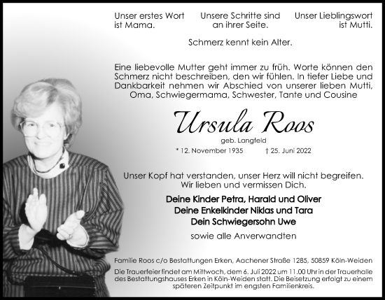 Anzeige von Ursula Roos von Kölner Stadt-Anzeiger / Kölnische Rundschau / Express