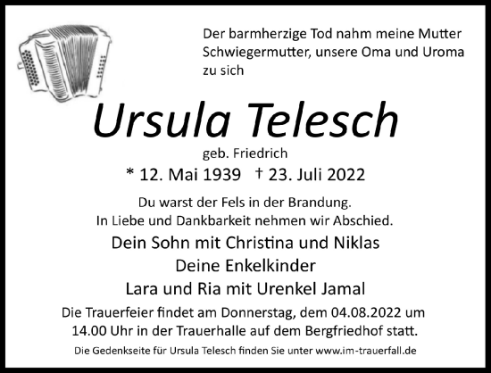 Anzeige von Ursula Telesch von  Lokalanzeiger 