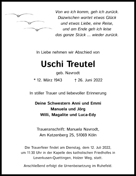Anzeige von Uschi Treutel von Kölner Stadt-Anzeiger / Kölnische Rundschau / Express
