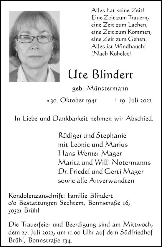 Anzeige von Ute Blindert von  Schlossbote/Werbekurier 