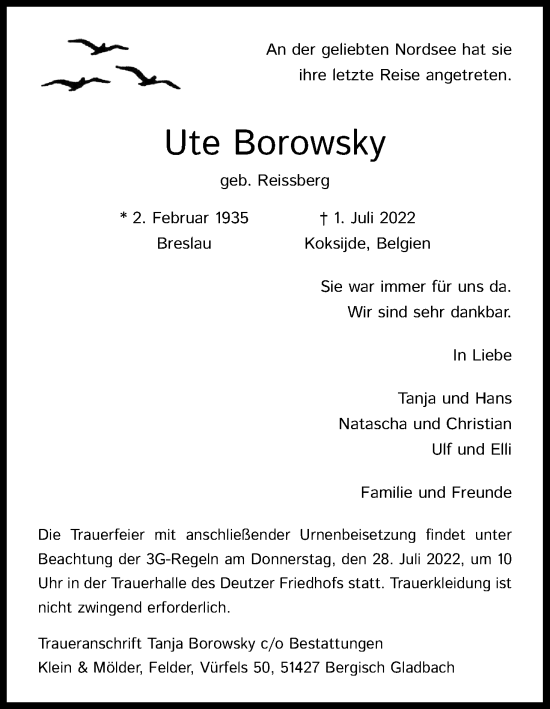 Anzeige von Ute Borowsky von Kölner Stadt-Anzeiger / Kölnische Rundschau / Express