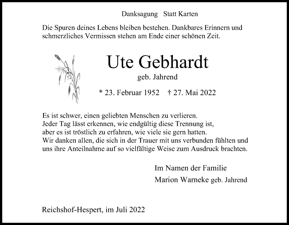  Traueranzeige für Ute Gebhardt vom 09.07.2022 aus Kölner Stadt-Anzeiger / Kölnische Rundschau / Express