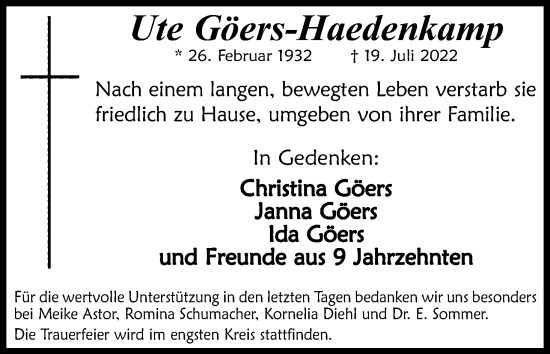 Anzeige von Ute Göers-Haedenkamp von Kölner Stadt-Anzeiger / Kölnische Rundschau / Express