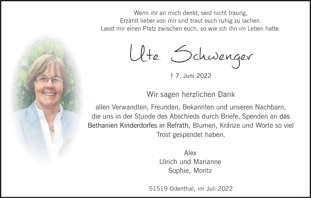  Traueranzeige für Ute Schwenger vom 16.07.2022 aus Kölner Stadt-Anzeiger / Kölnische Rundschau / Express