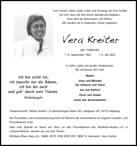 Anzeige von Vera Kreiter von Kölner Stadt-Anzeiger / Kölnische Rundschau / Express