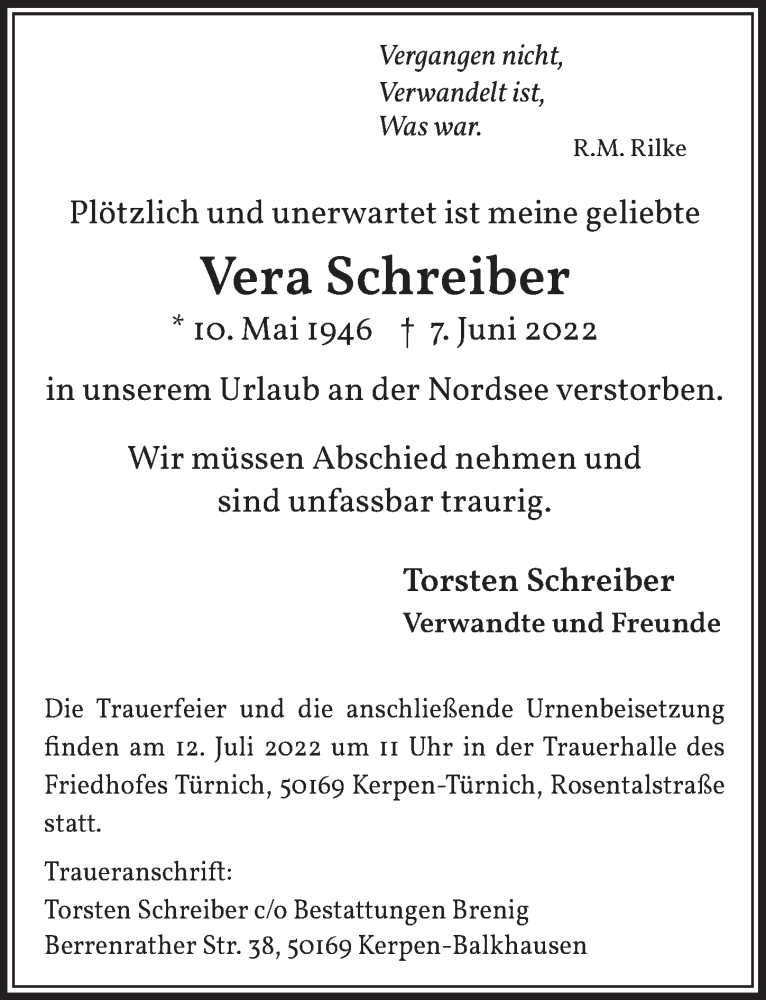  Traueranzeige für Vera Schreiber vom 08.07.2022 aus  Werbepost 