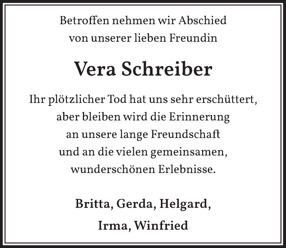  Traueranzeige für Vera Schreiber vom 08.07.2022 aus  Werbepost 