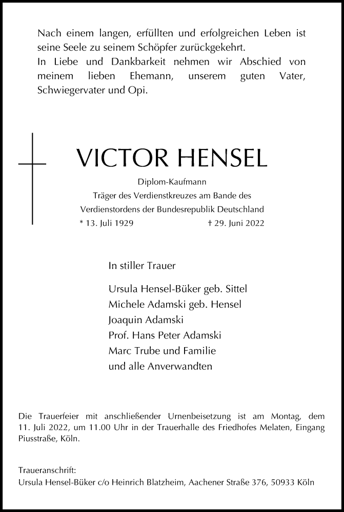  Traueranzeige für Victor Hensel vom 02.07.2022 aus Kölner Stadt-Anzeiger / Kölnische Rundschau / Express