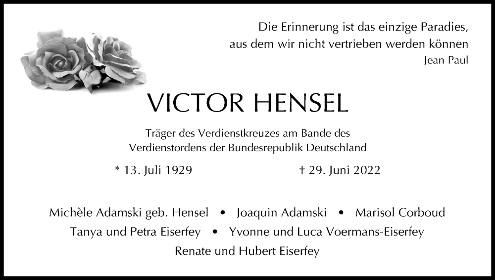  Traueranzeige für Victor Hensel vom 09.07.2022 aus Kölner Stadt-Anzeiger / Kölnische Rundschau / Express