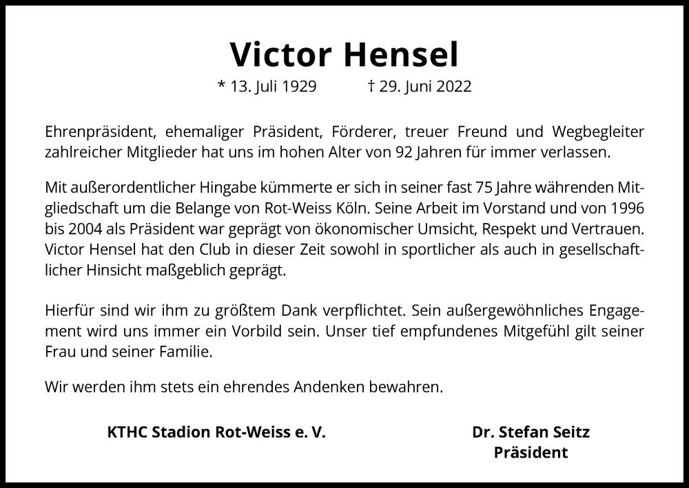  Traueranzeige für Victor Hensel vom 30.07.2022 aus Kölner Stadt-Anzeiger / Kölnische Rundschau / Express