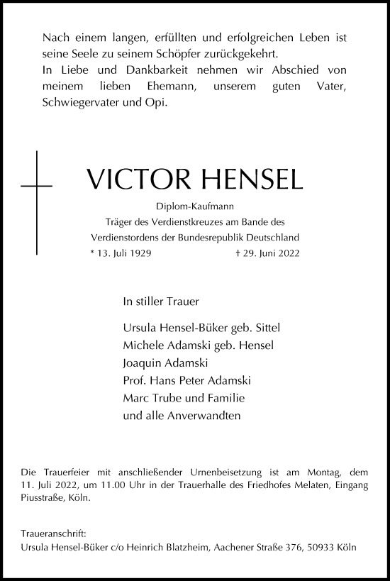 Anzeige von Victor Hensel von Kölner Stadt-Anzeiger / Kölnische Rundschau / Express
