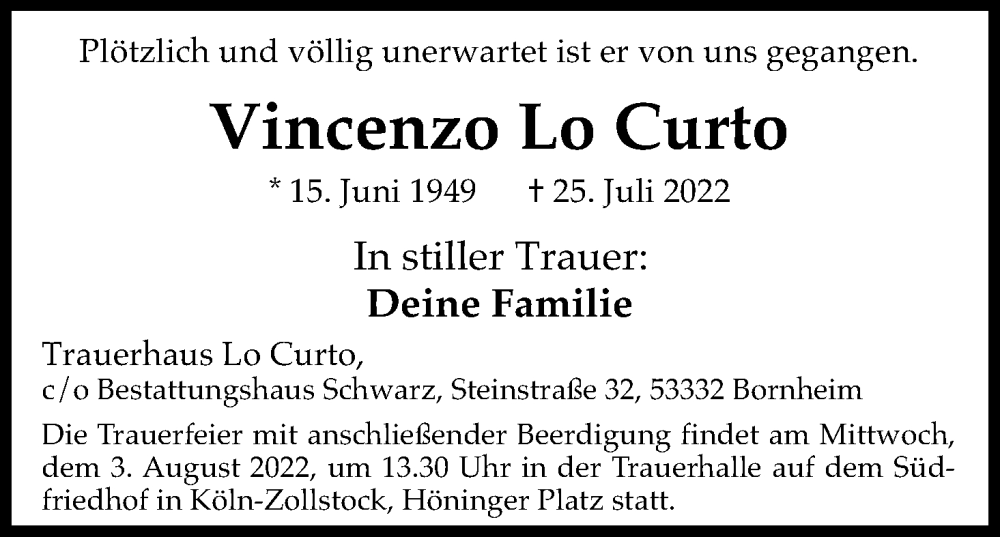 Traueranzeige für Vincenzo Lo Curto vom 30.07.2022 aus Kölner Stadt-Anzeiger / Kölnische Rundschau / Express