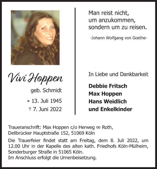 Anzeige von Vivi Hoppen von Kölner Stadt-Anzeiger / Kölnische Rundschau / Express