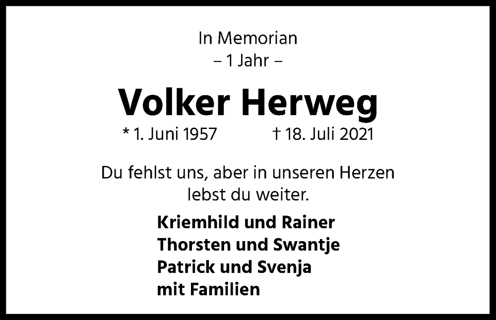  Traueranzeige für Volker Herweg vom 18.07.2022 aus Kölner Stadt-Anzeiger / Kölnische Rundschau / Express