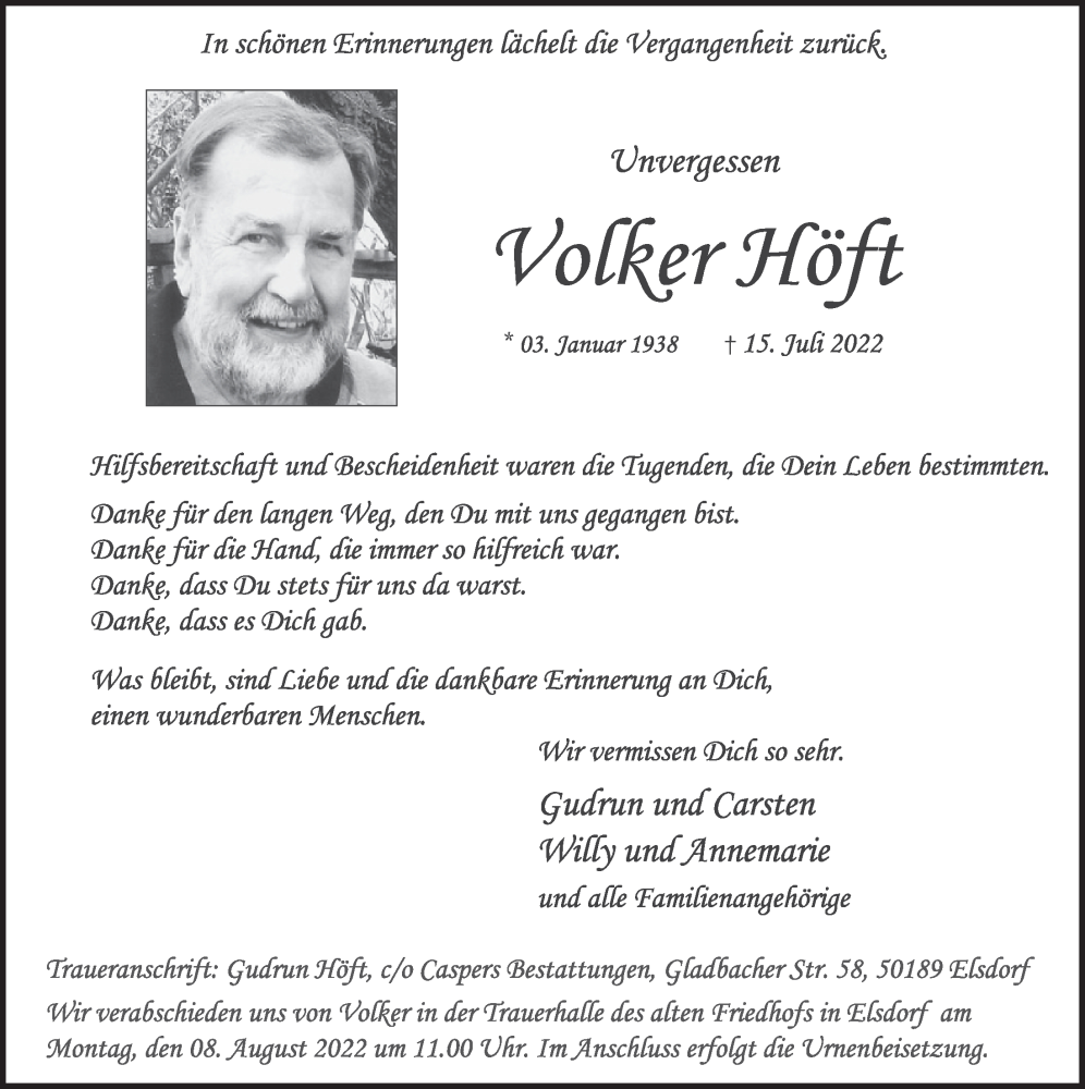  Traueranzeige für Volker Höft vom 29.07.2022 aus  Werbepost 