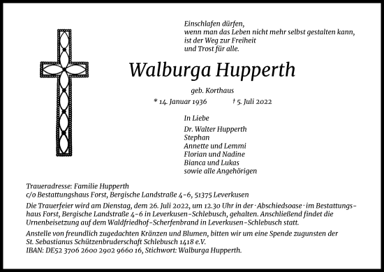 Anzeige von Walburga Hupperth von Kölner Stadt-Anzeiger / Kölnische Rundschau / Express