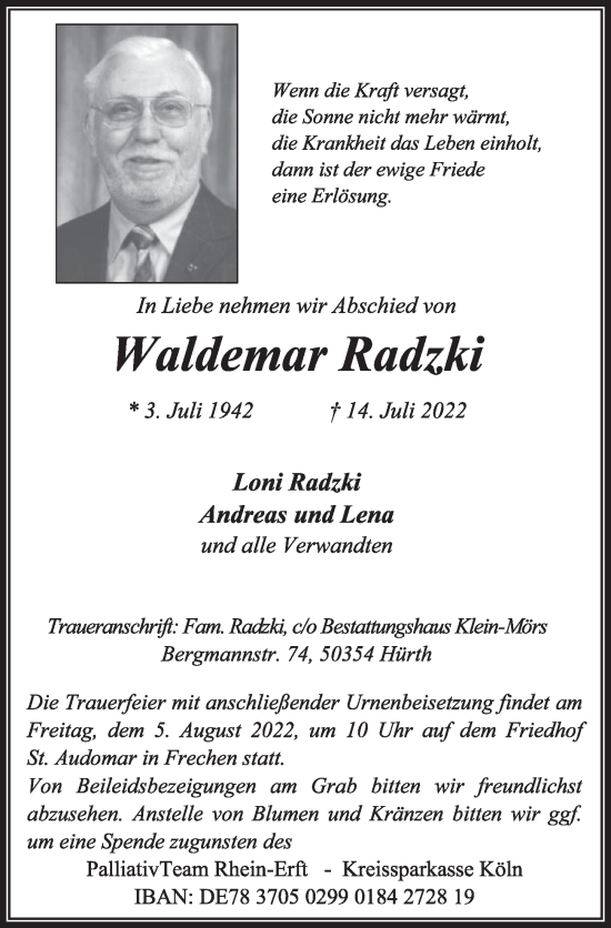 Anzeige von Waldemar Radzki von  Wochenende 