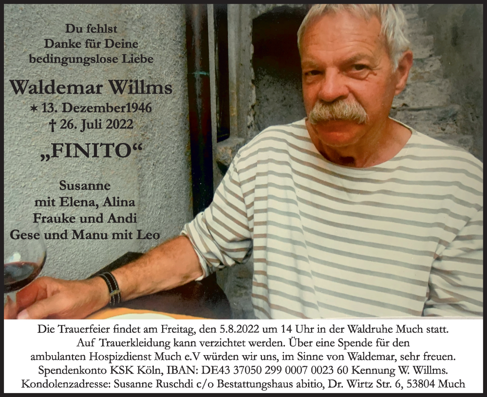  Traueranzeige für Waldemar Willms vom 30.07.2022 aus Kölner Stadt-Anzeiger / Kölnische Rundschau / Express