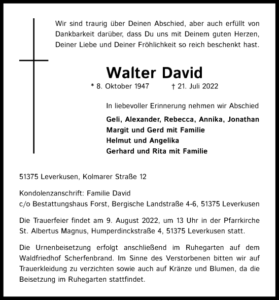 Anzeige von Walter David von Kölner Stadt-Anzeiger / Kölnische Rundschau / Express
