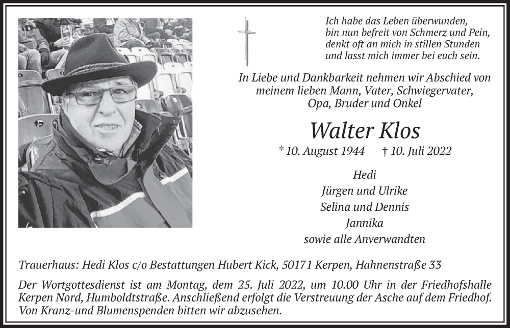  Traueranzeige für Walter Klos vom 22.07.2022 aus  Werbepost 
