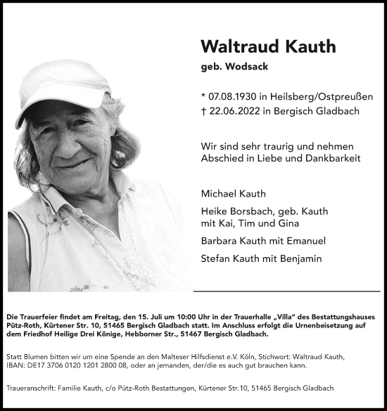 Anzeige von Waltraud Kauth von Kölner Stadt-Anzeiger / Kölnische Rundschau / Express
