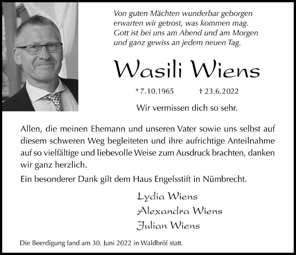  Traueranzeige für Wasili Wiens vom 08.07.2022 aus  Lokalanzeiger 