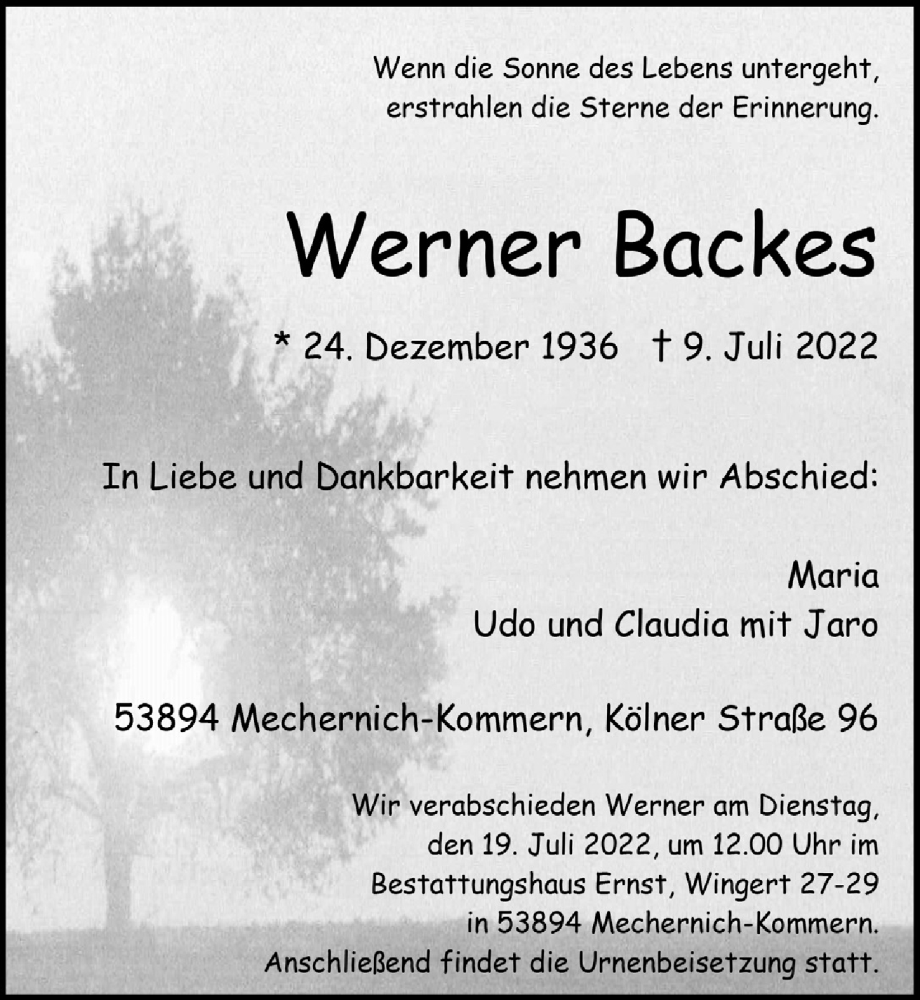  Traueranzeige für Werner Bockes vom 16.07.2022 aus  Blickpunkt Euskirchen 