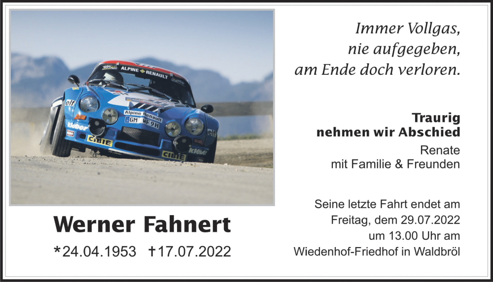  Traueranzeige für Werner Fahnert vom 22.07.2022 aus  Lokalanzeiger 