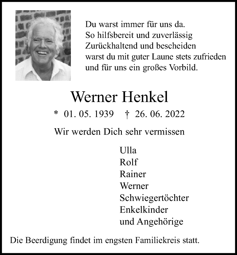  Traueranzeige für Werner Henkel vom 02.07.2022 aus Kölner Stadt-Anzeiger / Kölnische Rundschau / Express