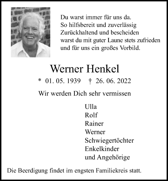 Anzeige von Werner Henkel von Kölner Stadt-Anzeiger / Kölnische Rundschau / Express