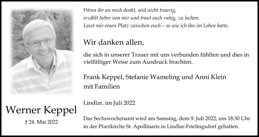  Traueranzeige für Werner Keppel vom 02.07.2022 aus Kölner Stadt-Anzeiger / Kölnische Rundschau / Express