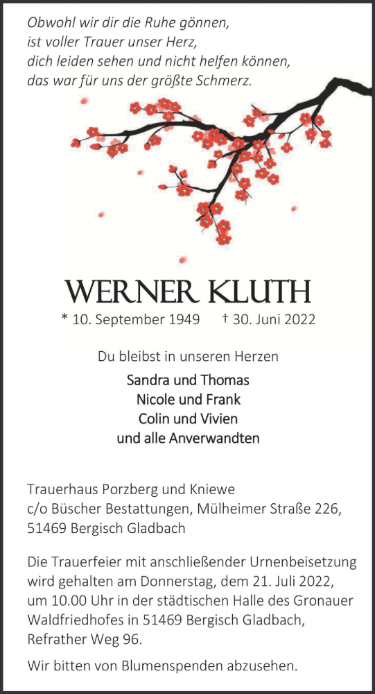 Anzeige von Werner Kluth von  Bergisches Handelsblatt 
