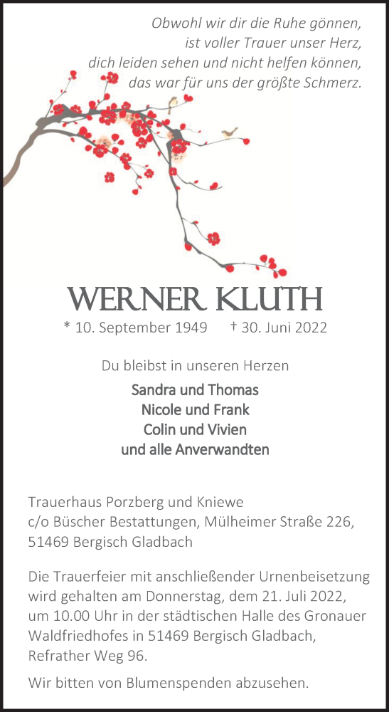 Anzeige von Werner Kluth von Kölner Stadt-Anzeiger / Kölnische Rundschau / Express
