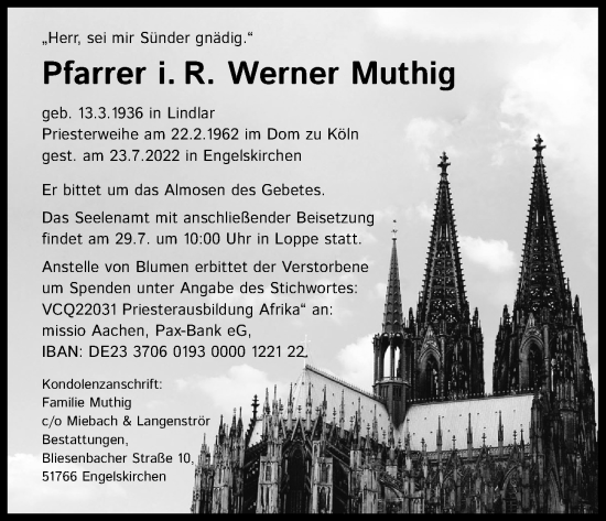 Anzeige von Werner Muthig von Kölner Stadt-Anzeiger / Kölnische Rundschau / Express