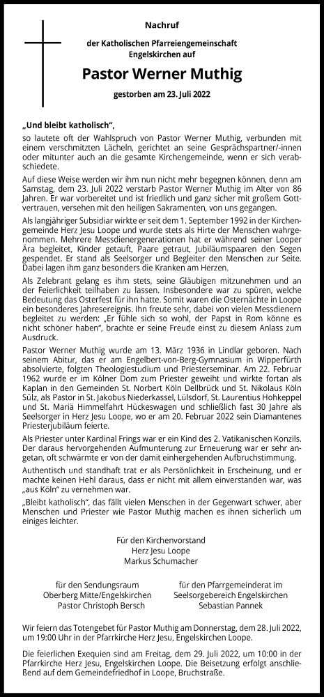 Anzeige von Werner Muthig von Kölner Stadt-Anzeiger / Kölnische Rundschau / Express