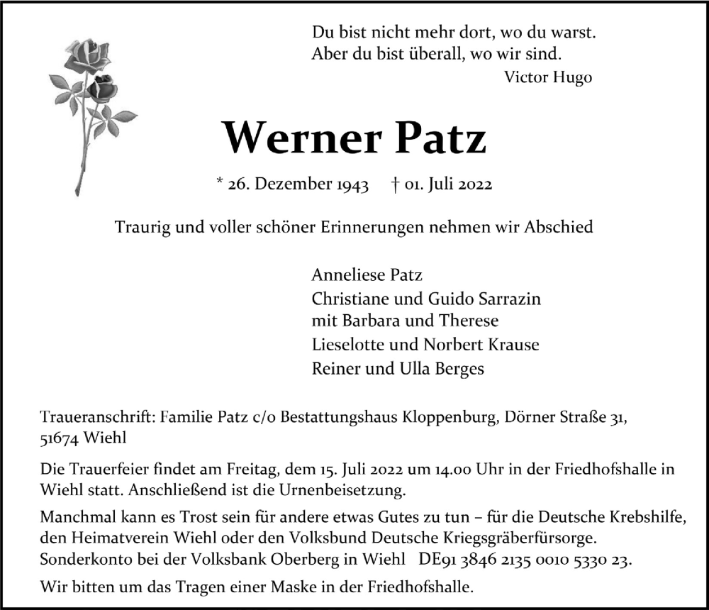  Traueranzeige für Werner Patz vom 08.07.2022 aus  Anzeigen Echo 